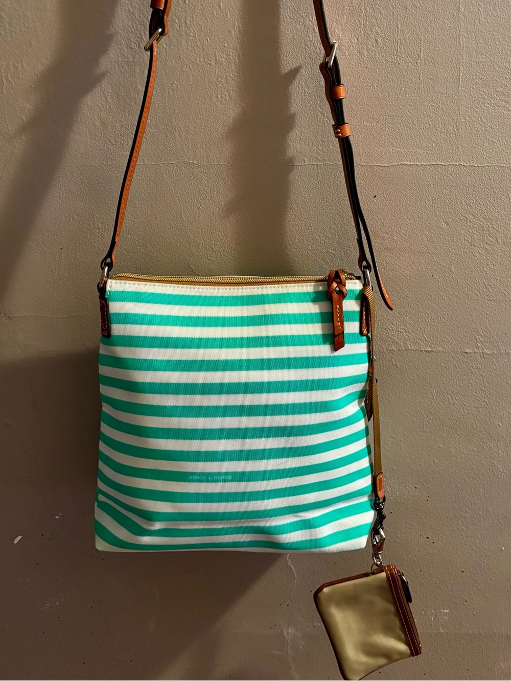 Dooney & Bourke Mint Green and White Striped Crossbody with Tan Leather Trim - Picture 4 of 11